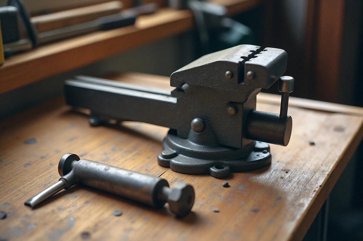 An old bench vice and a metalworking hand tool, photographed close up